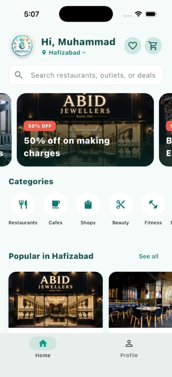 ElixirPerks home screen with deals in Hafizabad