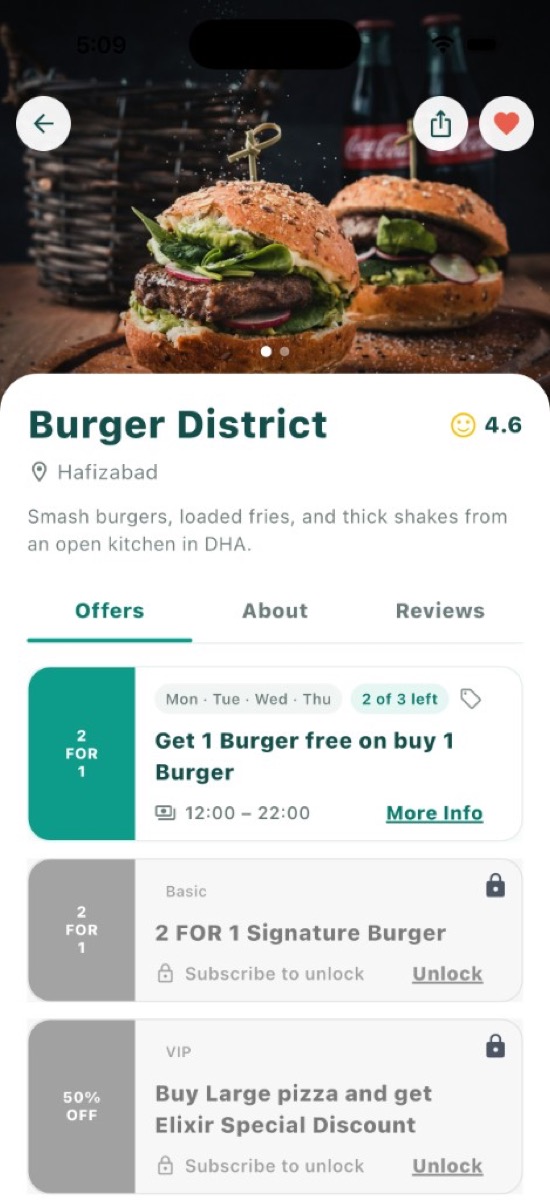 Burger District outlet with live and locked offers